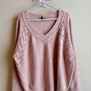 Express Blush V-Neck Sweater with Studded Detail